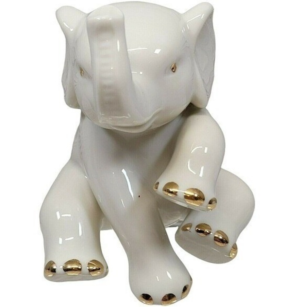 Lenox Elephant Figurine Small Ivory Gold Trim Trunk Up‎ Sitting Lucky Charm